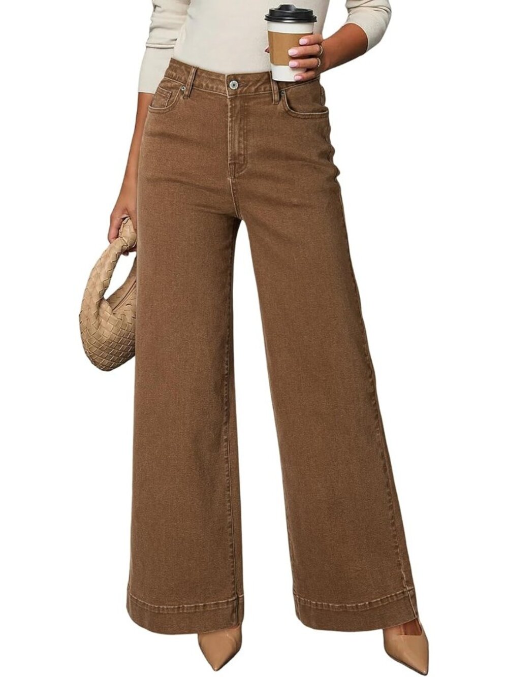 Women's Brown High Waisted Jeans Stretch Wide Leg Loose Denim Baggy Jeans Pant